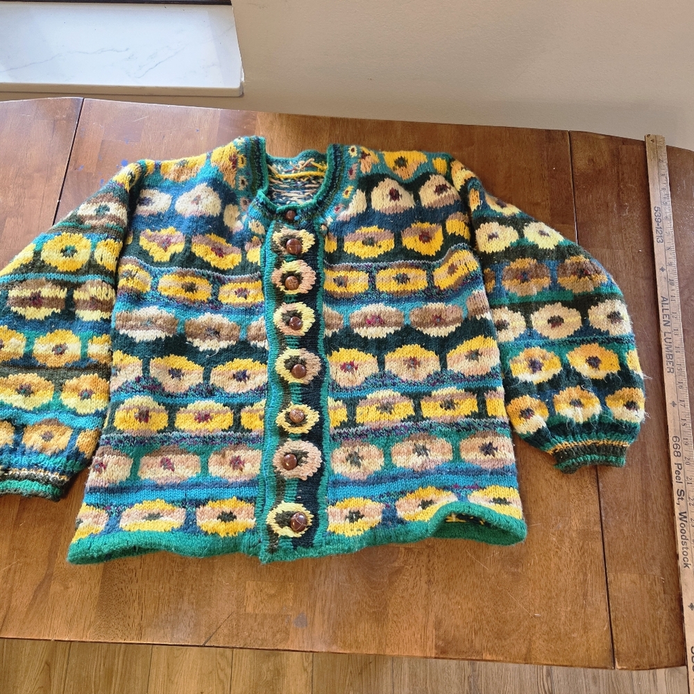 Handmade Crochet Sunflower Cardigan – Boho Granny Square Sweater – Size Medium